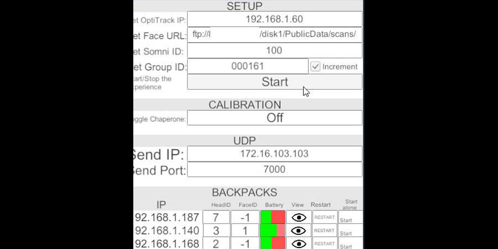 Server application. Backpack clients connect with the server automatically via network discovery. The server is used to configure the backpacks and the world. It also has a few features to make the life of IT technicians easier, such as callibration tools, battery life indicator, saving values between sessions etc.